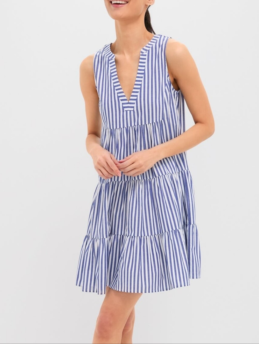 Pomander Place Tuckernuck Blue and White Striped Sleeveless Tiered Dress S